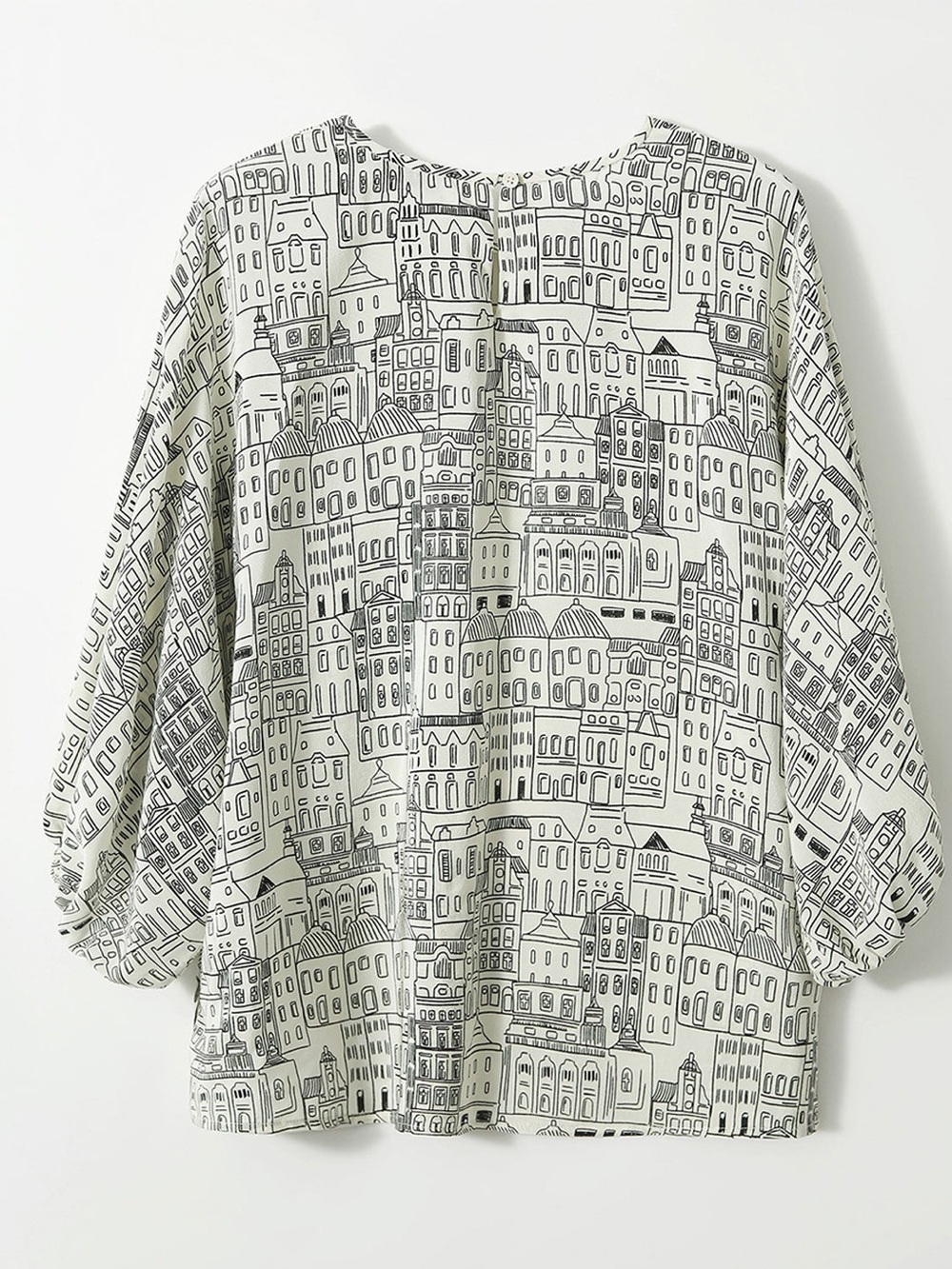 Roselili "Mia" Hand-Drawn Cityscape Lantern Sleeve Blouse